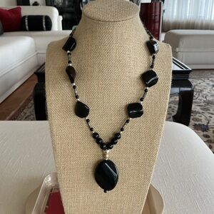 Black Stone and Silver Tone Metal Beaded Necklace